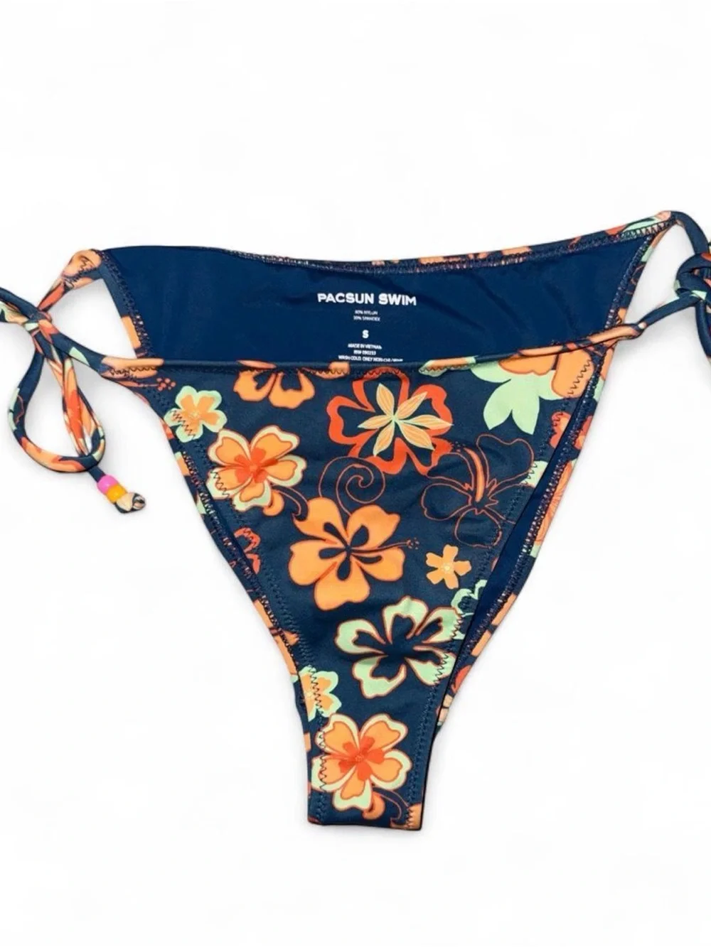 Y2K PacSun Navy Floral Beaded Tie-Side Bikini Bottom with Orange & Mint Accents